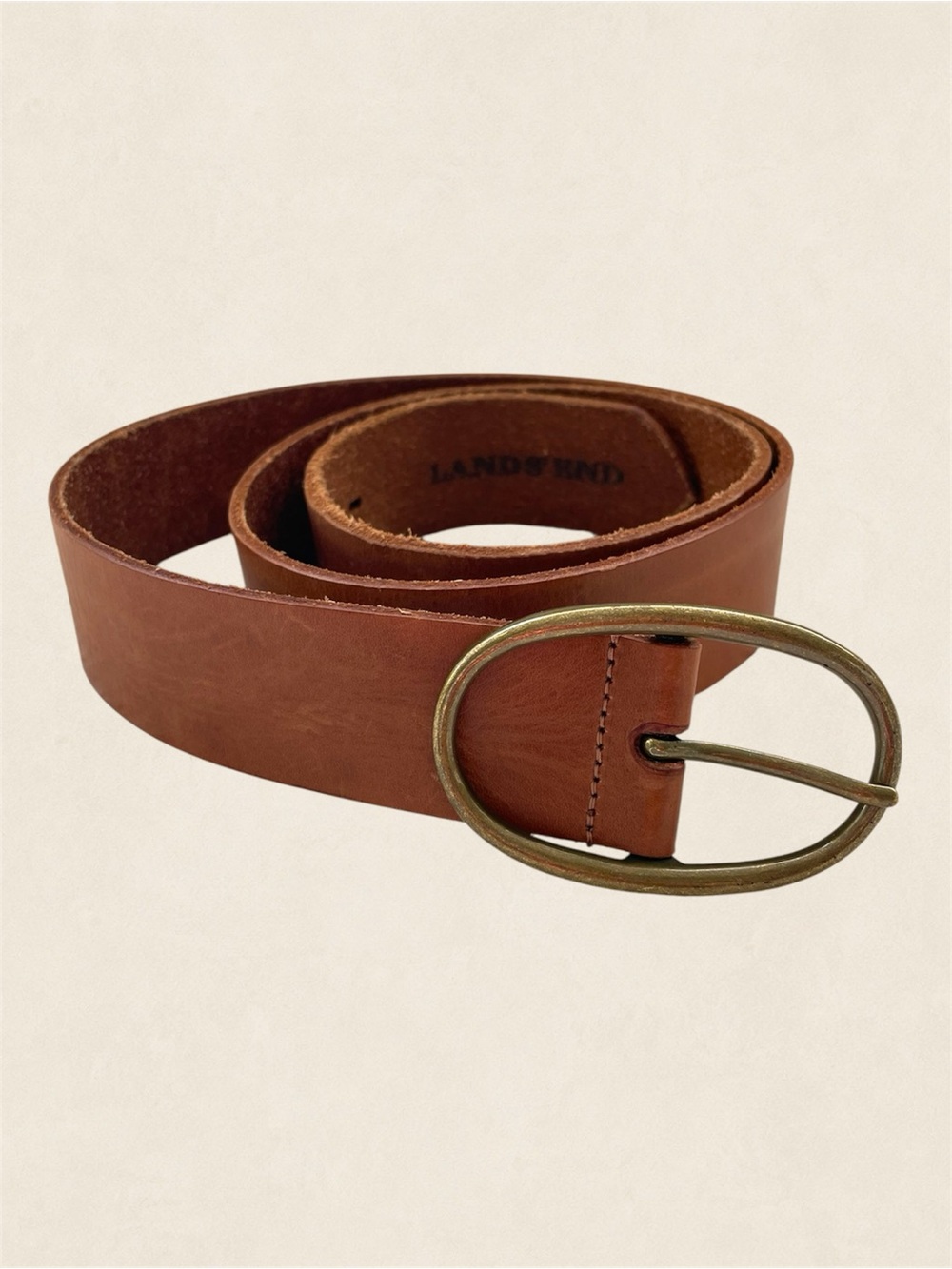 Lands' End Leather Belt Brown Brass Oval Buckle Made in Canada Small Minimalist